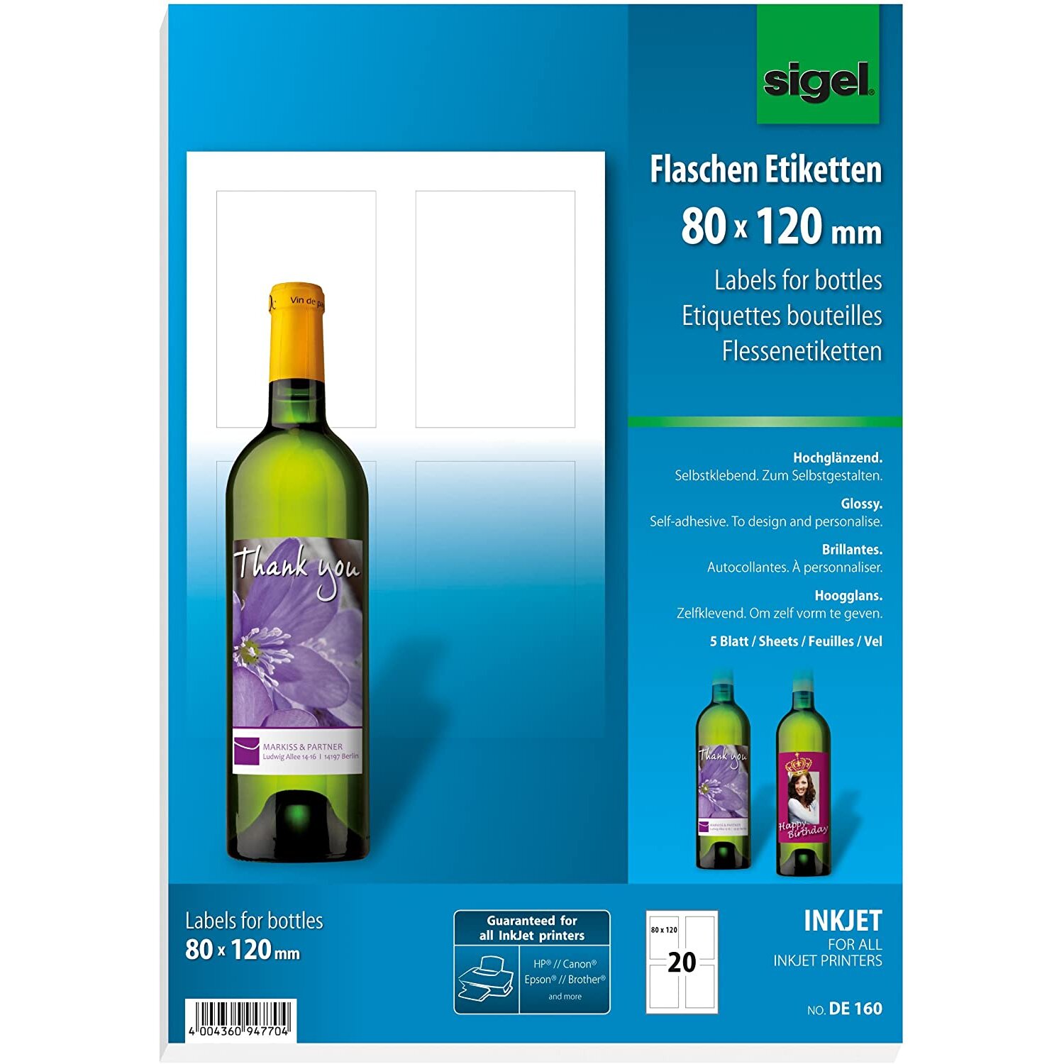 SIGEL DE160 Bottle Lables, 8 x 12 cm, 20 lbl = 5 sheets, white